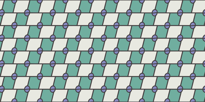 Repeating pattern of alternating green and white parallelograms with purple circles at each intersection
