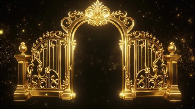 Ornate golden gate shimmering with soft glowing highlights, floating on a black background. Subtle particle dust drifting adds a majestic fantasy vibe