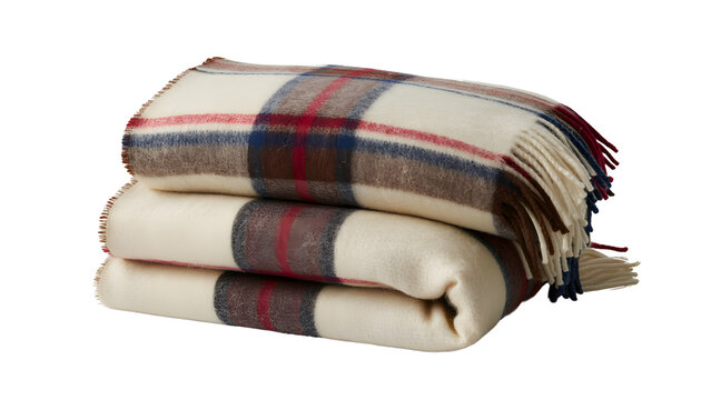 Folded wool blanket with a plaid pattern isolated on transparent background isolated on transparent background
