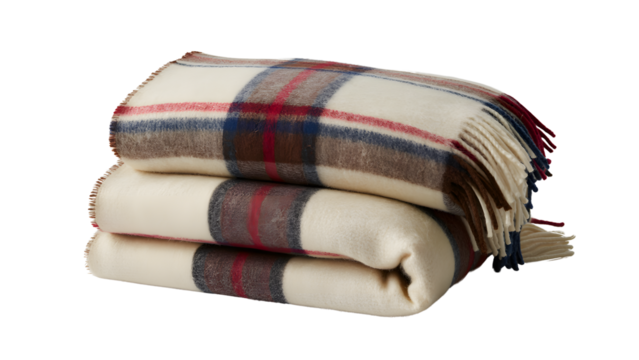 Folded wool blanket with a plaid pattern isolated on transparent background isolated on transparent background
