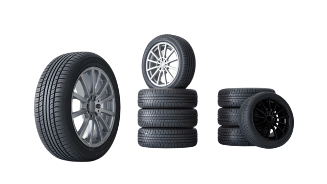 Stack of car tires isolated on transparent background for sale isolated on transparent background