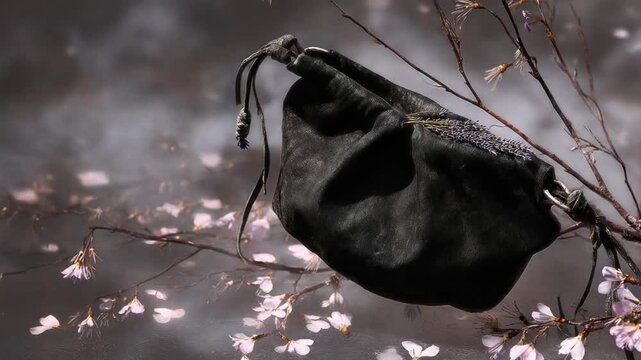 A black, leather drawstring bag rests amongst delicate cherry blossoms and barren branches against a smoky backdrop