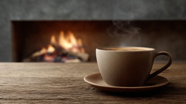 A steaming cup of coffee rests on a wooden table, casting warmth in a cozy room. The crackling fire provides a comforting glow, creating a peaceful atmosphere perfect for relaxation
