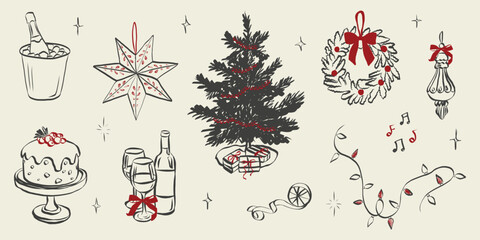 Whimsical party doodles featuring festive dinner table with Christmas tree, wine glasses, wreath with ribbon bow and holiday decorations in Crayon and chalk sketch style. Vector illustration
