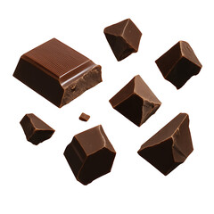 Fototapeta premium Delicious dark chocolate broken chunks and square pieces isolated on black background representing sweetness indulgence gourmet dessert and cocoa confectionery food concept