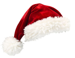 A classic red Santa hat with white fur trim and a fluffy pom-pom.
