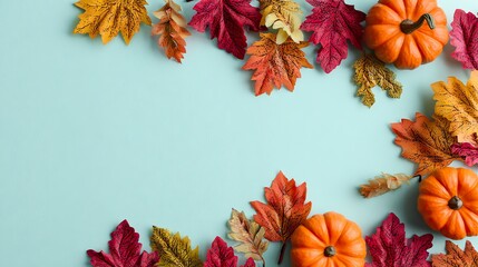 Thanksgiving feast with golden roasted turkey, orange pumpkin pie, crimson apples, and fall leaves on rustic wooden table, celebrating harvest season with family and gratitude