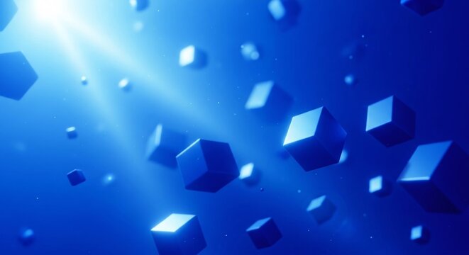 Flying cubes abstract background with glowing ray of light Technology backdrop concept illustration with blue theme for modern digital wallpaper and design