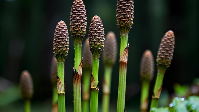 Close-up of several green horsetail plant stalks with distinct spore cones against a dark, blurred background in a forest