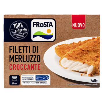 Frosta Filetti di Merluzzo Croccante,pack of frozen battered cod fillets,product isolated on white background.