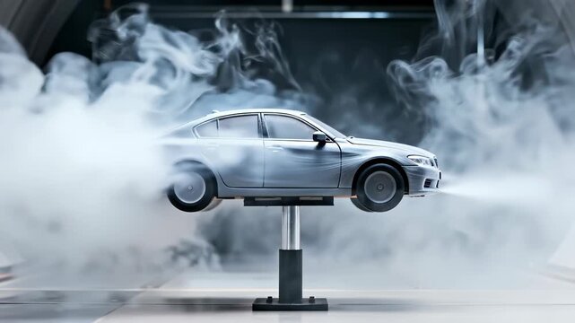 Car model on a stand in a wind tunnel with smoke flowing around it to test aerodynamics