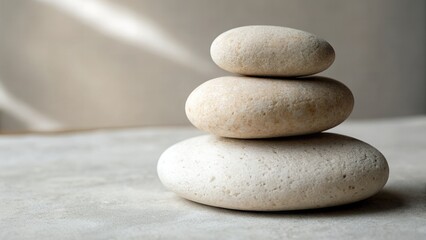 Balanced Stack of Three Smooth Stones on Neutral Minimal Background