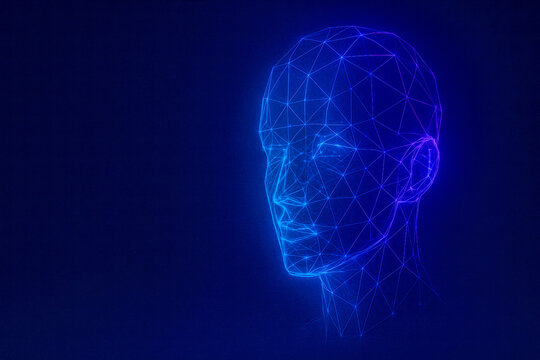Vibrant wireframe head composed of glowing blue and purple neon lines on a dark gradient background, symbolizing artificial intelligence, neural networks, digital identity, futuristic thinking