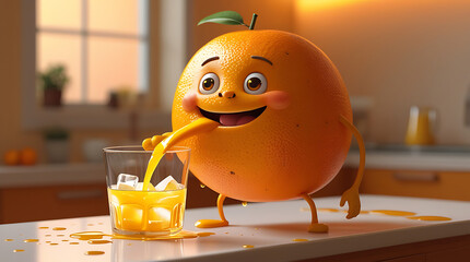A cartoon orange character pouring juice into a glass with ice in a kitchen setting 4k  and hd image