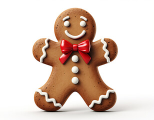 Obraz premium Cute Gingerbread Man Cookie with Icing and Red Bow Tie Isolated on White Background