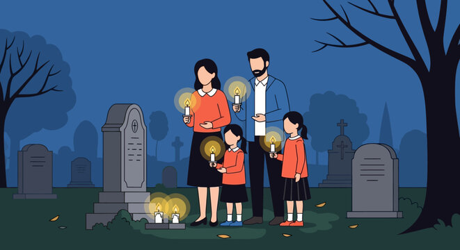 Family Holding Candles at Nighttime Cemetery in Tribute Scene with Gravestone and Misty Trees