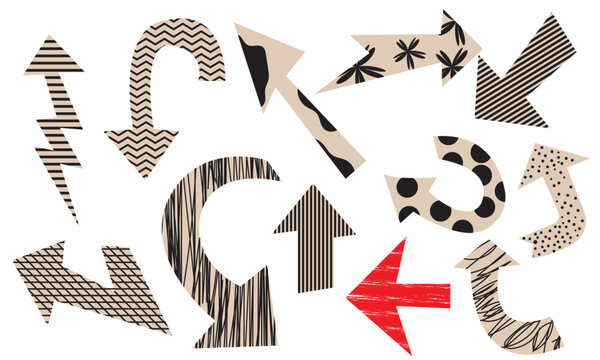 Abstract Patterned Arrows for Creative Design. Paper arrow sticker . Decorative, stylized arrows with bold patterns on a beige background, ideal for graphic design, direction concepts. 
