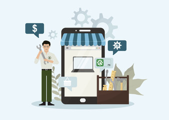 online repair assessment. with an expert, toolkit, mobile repair store, and chat icons, emphasizing repairability scoring, appliance maintenance, and e-commerce for spare parts. Vector illustration