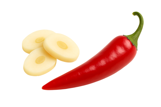 Fresh red chili pepper and ginger slices isolated on white background organic spicy ingredients used in asian cuisine with herbal flavor for cooking nutrition and health concept