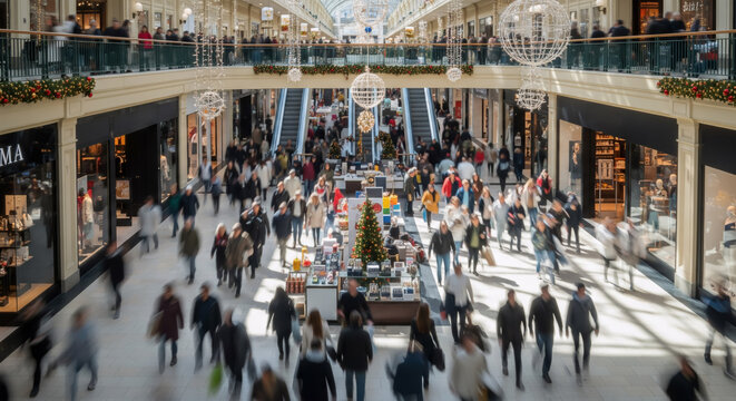 A wide shot of an overhead view from the top floor, looking down on people walking around in a shopping mall. The image has a motion blur effect. SALE, Black Friday, Holiday