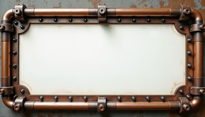 Thin copper frame with steampunk rivets and pipes for blank text display