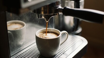 Premium espresso machine brewing rich coffee into a ceramic cup. Fresh crema, soft steam, warm light. Perfect product photo for coffee advertising, branding, and cafe promotion.
