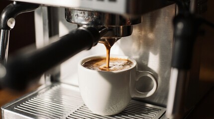 Premium espresso machine brewing rich coffee into a ceramic cup. Fresh crema, soft steam, warm...