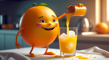 Cartoon orange character pouring juice into a glass with ice cubes on a table 4k  and hd image