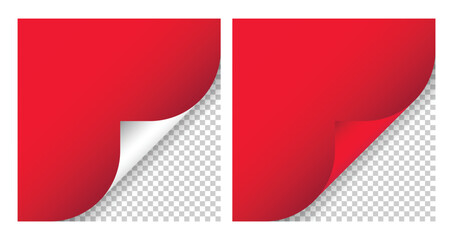 realistic red corner folded sticker mockup with transparent background, curled page label template, vector peel effect design for sale banners and promotional graphics