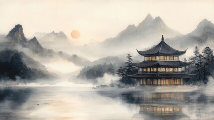 Mountain landscape with pagoda