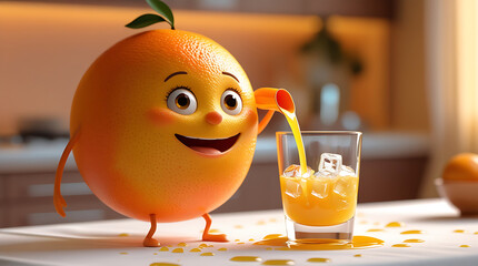 Cartoon orange character pouring juice into a glass with ice on a kitchen counter 4k  and hd image
