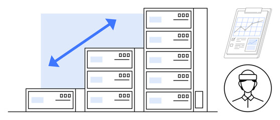 Data server stacks aligned in ascending order with upward arrow, clipboard analytics, and technician icon. Ideal for data management, growth, analysis, monitoring, IT solutions, business success