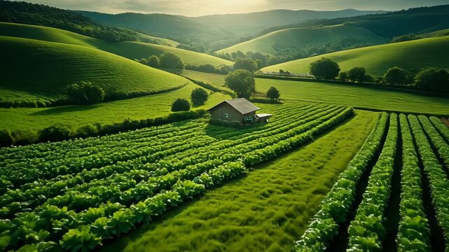Picturesque countryside scene with green rolling hills, farm house, and rows of crops stretching across the landscape under a bright sunlit sky.