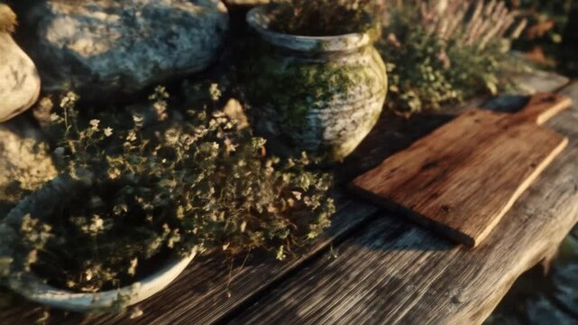 A weathered wooden table hosts a cutting board, alongside a mossy pot, surrounded by greenery