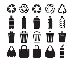 Recycling symbols plastic bottles trash cans and bags silhouette bundle