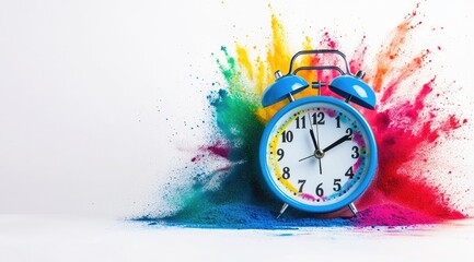 Vibrant colorful powder explosion around a blue alarm clock