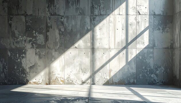 A raw concrete wall bathed in diagonal sunlight, casting long shadows across the floor, creating a stark, minimalist aesthetic