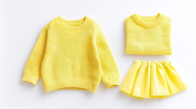 This cheerful outfit showcases a bright yellow sweater and matching skirt, perfect for playful adventures. The soft texture invites comfort and joy for little ones, highlighting a sunny vibe