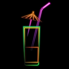 Cocktail bar glowing neon symbol in round frames on dark brick wall background. Bright caipirinha