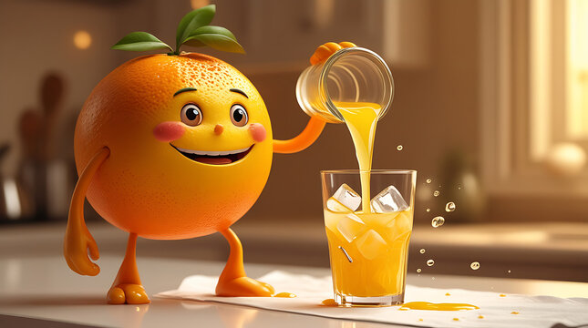 Animated orange character pouring juice into a glass filled with ice cubes on table 4k  and hd image