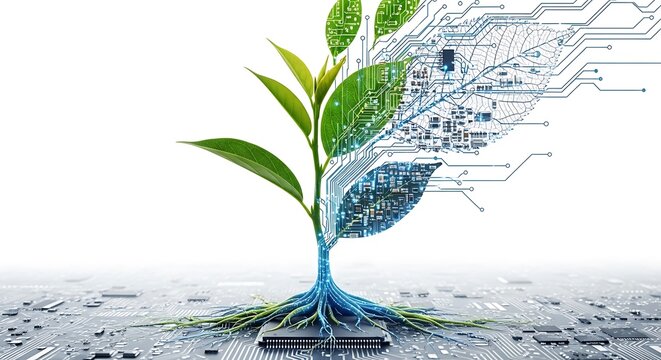 Green plant growing from a digital circuit board concept for technology and nature innovation