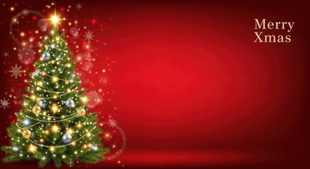 Sparkling christmas tree adornment with festive illumination on red background