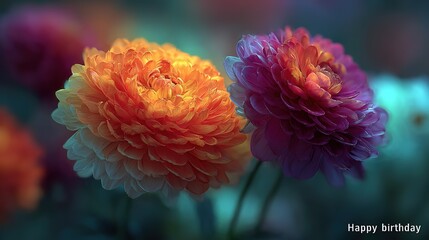 Ultra-wide birthday card: hyper-real neon "Happy Birthday" script beside elegant peony, warm golden bokeh blur, HDR glow, 5K UE5 render, perfect for social cover, e-commerce banner or invite header.