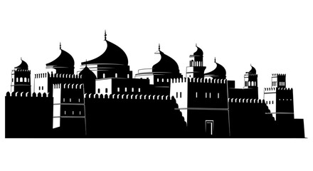 Fototapeta premium A detailed black silhouette of an ancient Middle Eastern city skyline with domes, minarets, and fortified walls, suggesting a historical or fantasy setting.