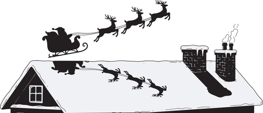 Santa Claus Sleigh Silhouette Flying Over Snowy Rooftop With Reindeer - Powered by Adobe
