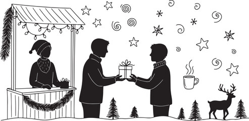 Winter holiday market with people exchanging gifts and christmas vibes