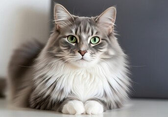 Obraz premium A beautiful norwegian forest cat with striking green eyes sits calmly, looking directly at the camera with a fluffy grey and white coat