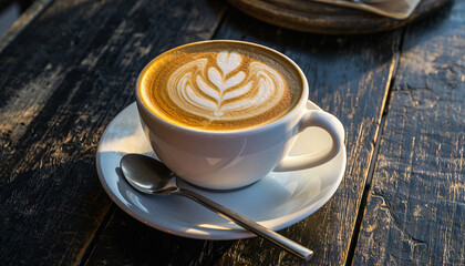 Beautiful Latte Art in White Cup on Rustic Wooden Table with Warm Sunlight