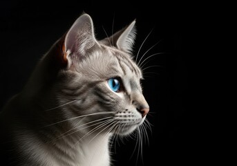 Close up profile of a beautiful lynx point siamese cat with striking blue eyes against a dark background, highlighting its features and fur texture