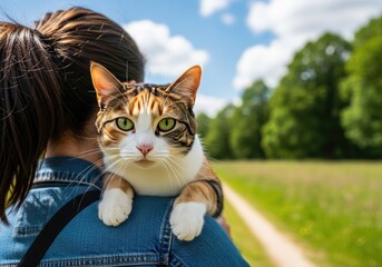 A person carrying a calico cat on their shoulder, walking outdoors on a sunny day with a path and green trees in the background